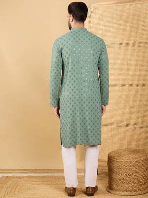 Men's green viscose rayon solid embroidered straight chikankari kurta 4