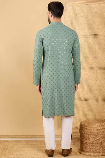 Men's green viscose rayon solid embroidered straight chikankari kurta