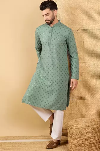 Men's green viscose rayon solid embroidered straight chikankari kurta