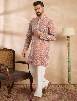 Men orange silk blend solid embroidered straight kurta sets 3