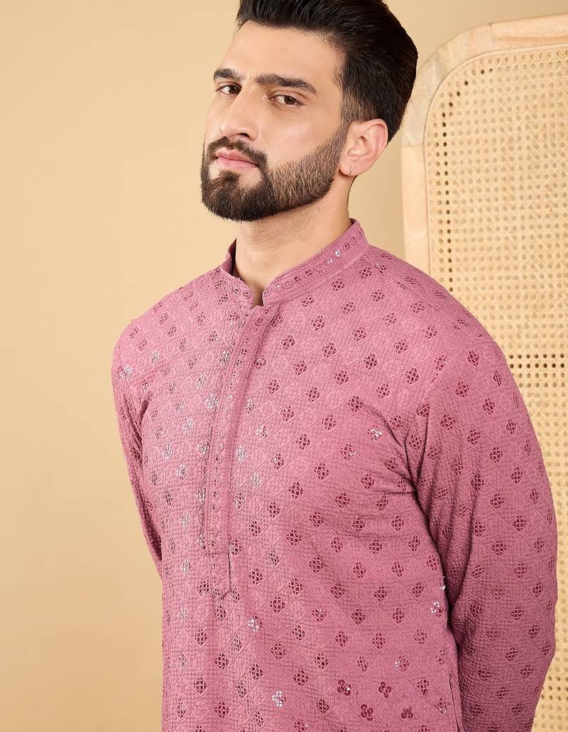 Men's mauve viscose rayon solid embroidered straight chikankari kurta