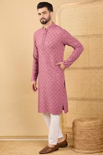 Men's mauve viscose rayon solid embroidered straight chikankari kurta