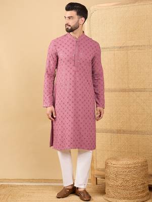 Men's mauve viscose rayon solid embroidered straight chikankari kurta 3