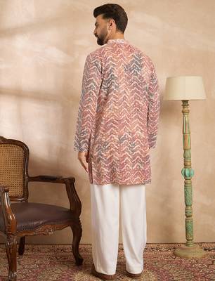 Men orange silk blend solid embroidered straight kurta sets 4