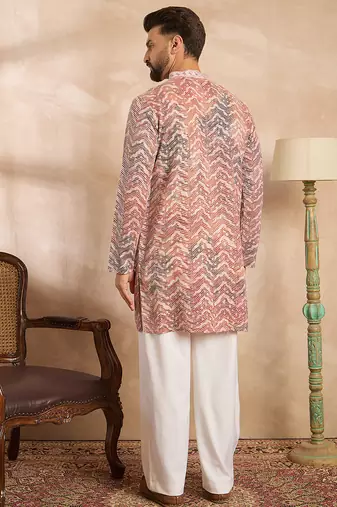 Men orange silk blend solid embroidered straight kurta sets