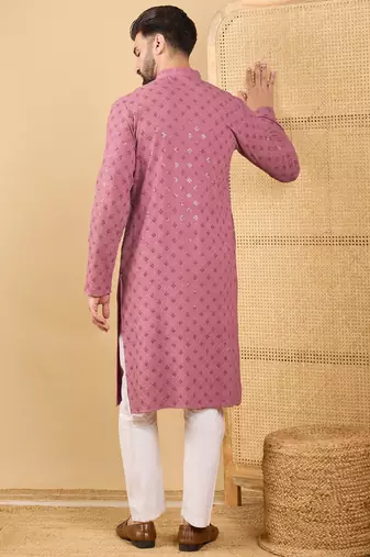Men's mauve viscose rayon solid embroidered straight chikankari kurta