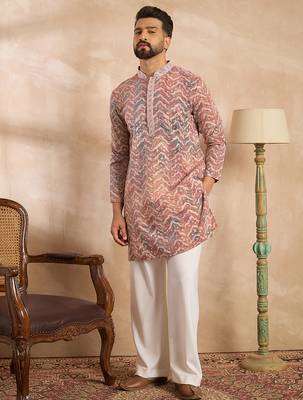 Men orange silk blend solid embroidered straight kurta sets 5