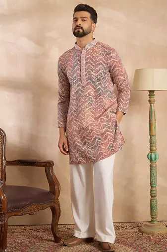 Men orange silk blend solid embroidered straight kurta sets
