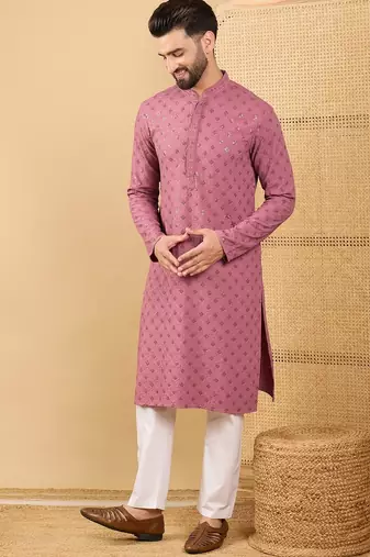 Men's mauve viscose rayon solid embroidered straight chikankari kurta