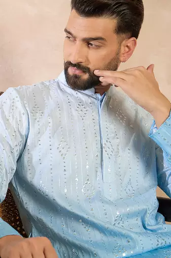 Men blue silk blend ombre embroidered straight kurta sets