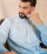 Men blue silk blend ombre embroidered straight kurta sets