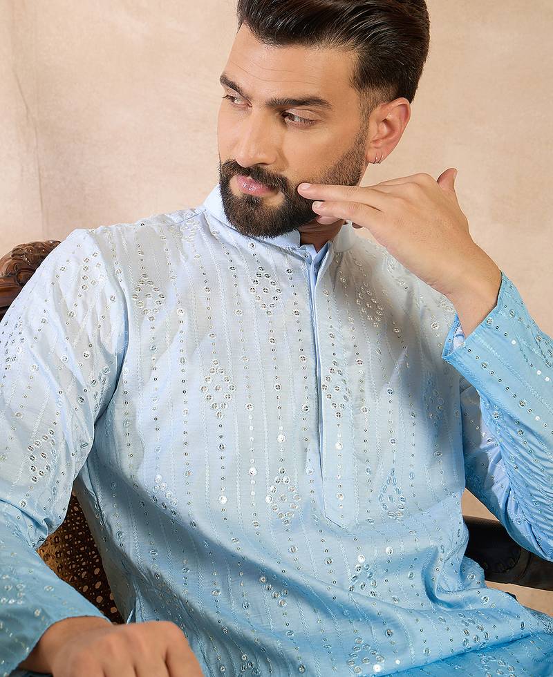 Men blue silk blend ombre embroidered straight kurta sets
