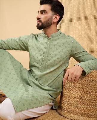 Men's green viscose rayon solid embroidered straight chikankari kurta 1