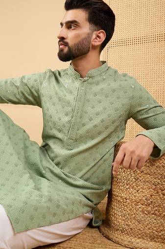 Men's green viscose rayon solid embroidered straight chikankari kurta