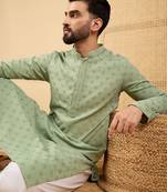 Men's green viscose rayon solid embroidered straight chikankari kurta