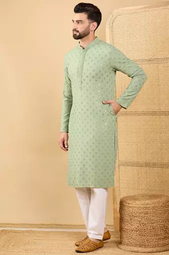 Men's green viscose rayon solid embroidered straight chikankari kurta
