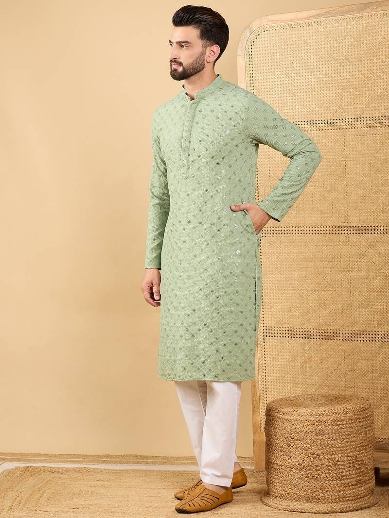 Men's green viscose rayon solid embroidered straight chikankari kurta