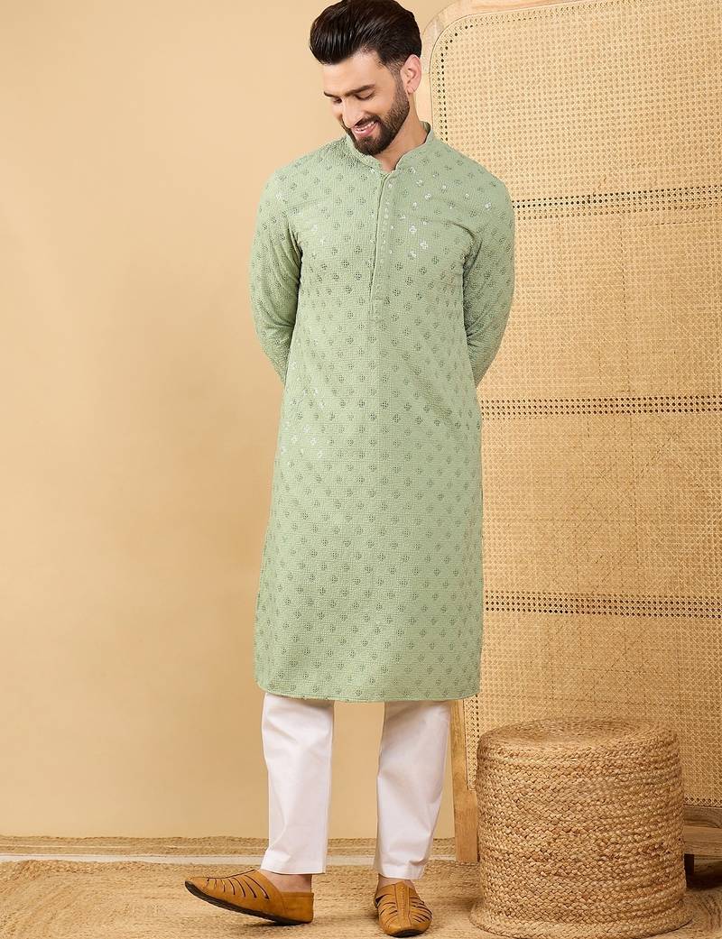 Men's green viscose rayon solid embroidered straight chikankari kurta