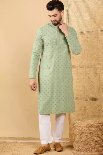 Men's green viscose rayon solid embroidered straight chikankari kurta