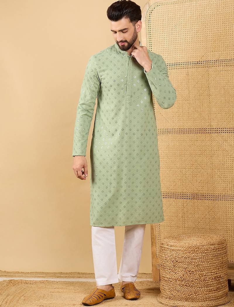 Men's green viscose rayon solid embroidered straight chikankari kurta