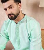 Men blue silk blend solid embroidered straight kurta with trouser