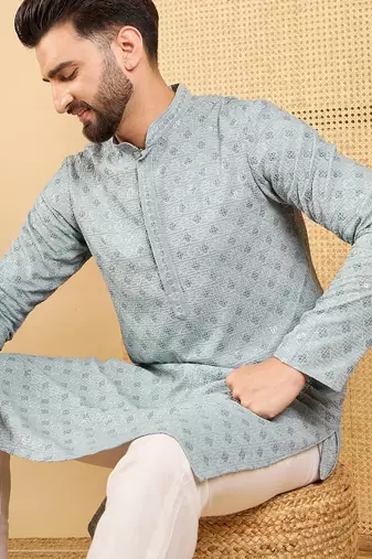 Men's grey viscose rayon solid embroidered straight chikankari kurta