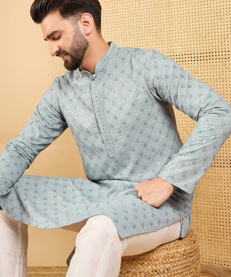 Men's grey viscose rayon solid embroidered straight chikankari kurta