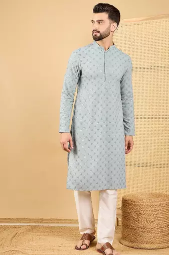 Men's grey viscose rayon solid embroidered straight chikankari kurta