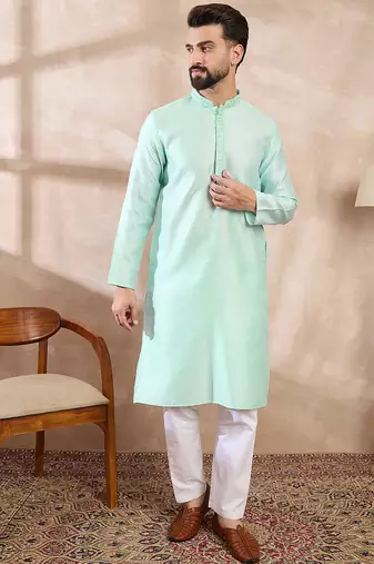 Men blue silk blend solid embroidered straight kurta with trouser