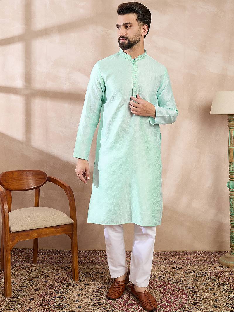 Men blue silk blend solid embroidered straight kurta with trouser
