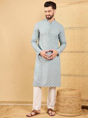 Men's grey viscose rayon solid embroidered straight chikankari kurta 3
