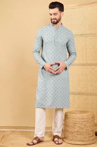 Men's grey viscose rayon solid embroidered straight chikankari kurta