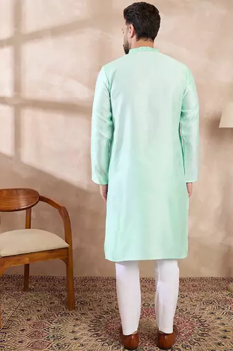 Men blue silk blend solid embroidered straight kurta with trouser