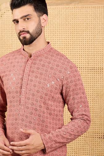 Men's rust viscose rayon solid embroidered straight chikankari kurta