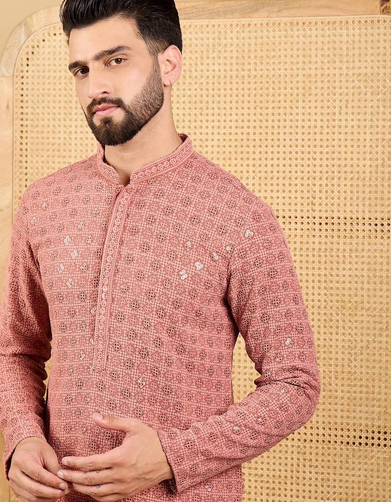 Men's rust viscose rayon solid embroidered straight chikankari kurta