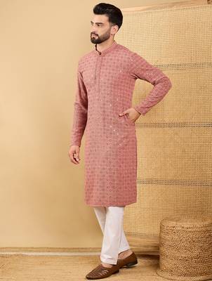 Men's rust viscose rayon solid embroidered straight chikankari kurta 2