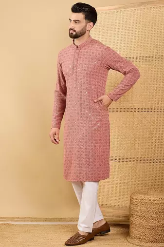 Men's rust viscose rayon solid embroidered straight chikankari kurta