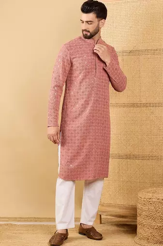 Men's rust viscose rayon solid embroidered straight chikankari kurta