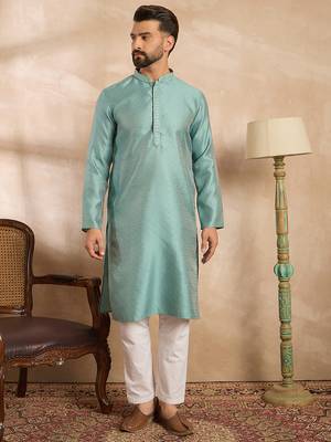 Men green polyester solid embroidered straight kurta sets 2