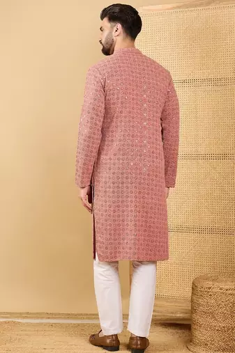 Men's rust viscose rayon solid embroidered straight chikankari kurta