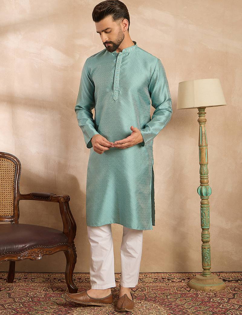 Men green polyester solid embroidered straight kurta sets