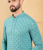 Men's turquoise blue viscose rayon solid embroidered straight chikankari kurta
