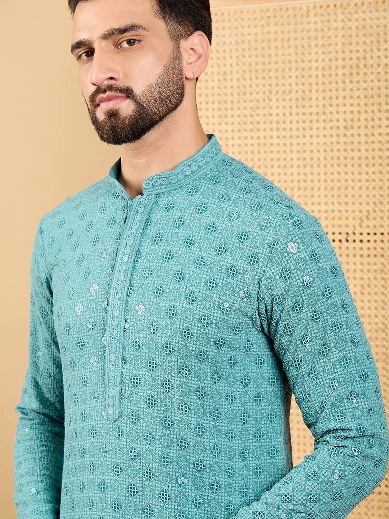 Men's turquoise blue viscose rayon solid embroidered straight chikankari kurta