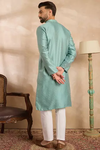 Men green polyester solid embroidered straight kurta sets