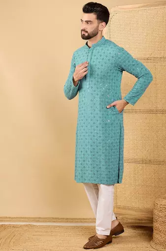 Men's turquoise blue viscose rayon solid embroidered straight chikankari kurta