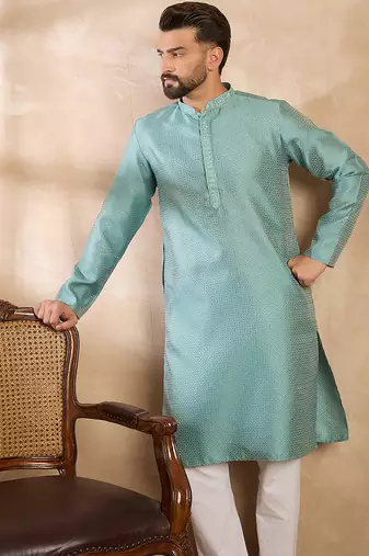 Men green polyester solid embroidered straight kurta sets