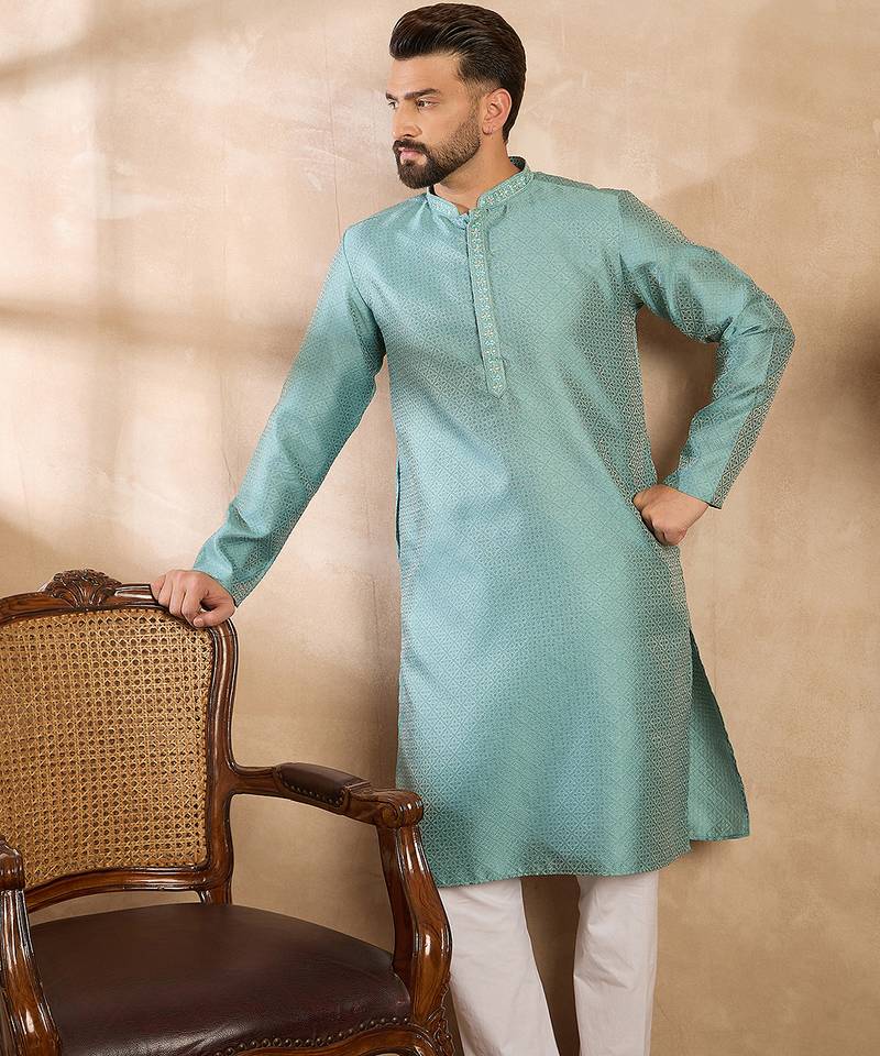 Men green polyester solid embroidered straight kurta sets