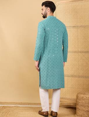 Men's turquoise blue viscose rayon solid embroidered straight chikankari kurta 4