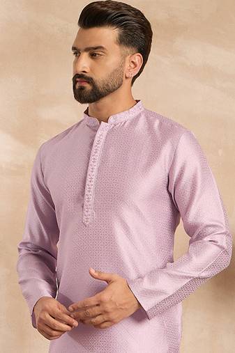 Men lavender polyester solid embroidered straight kurta sets