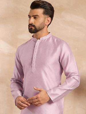 Men lavender polyester solid embroidered straight kurta sets 1